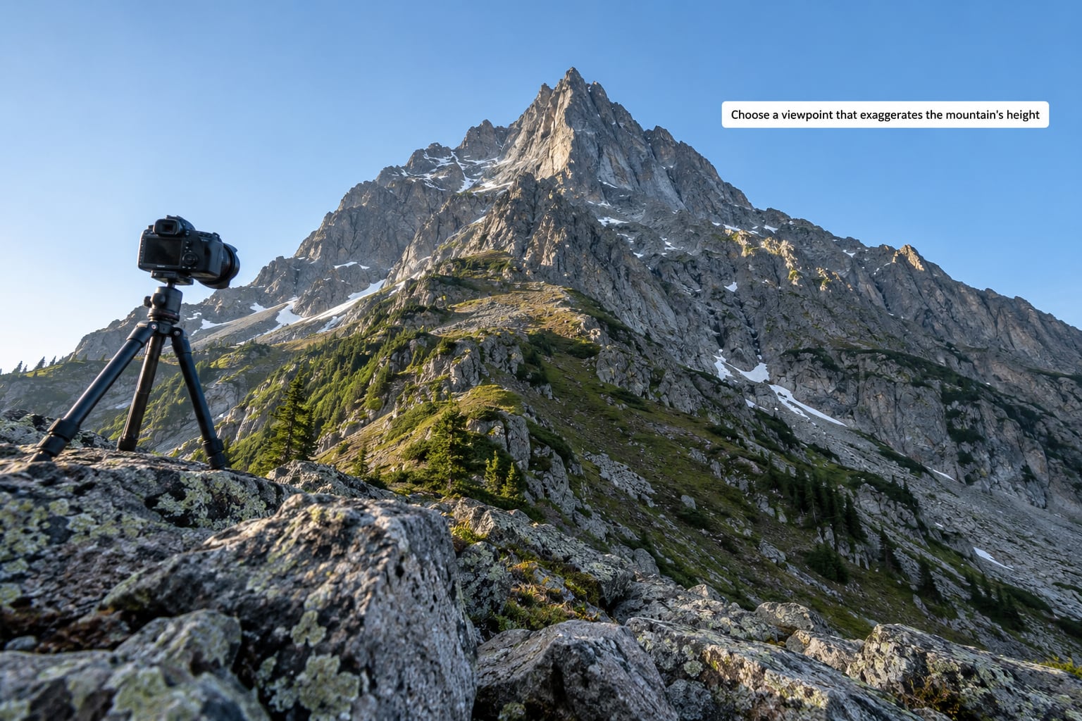 Choose a viewpoint that exaggerates the mountain's height