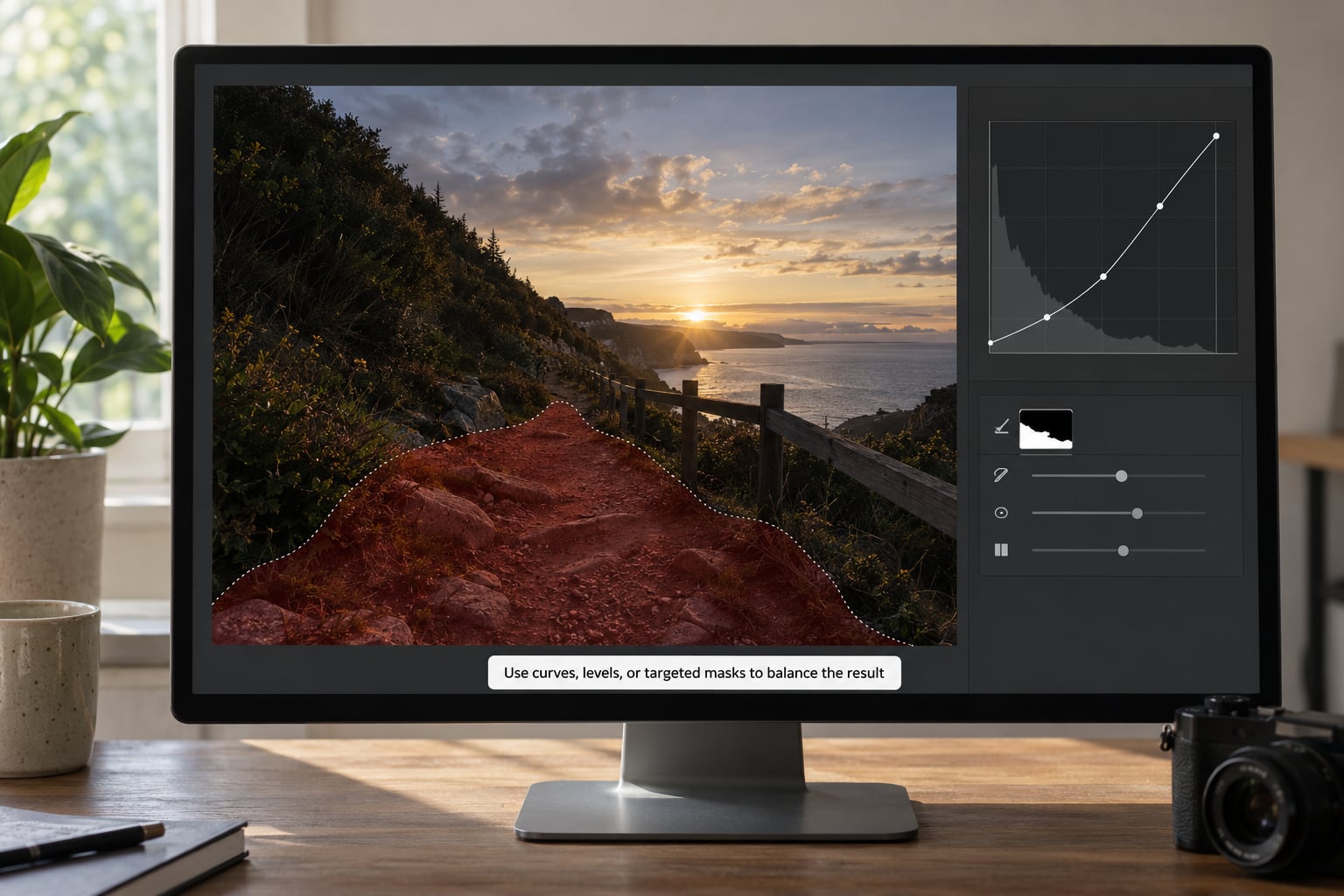 Use curves, levels, or targeted masks to balance the result