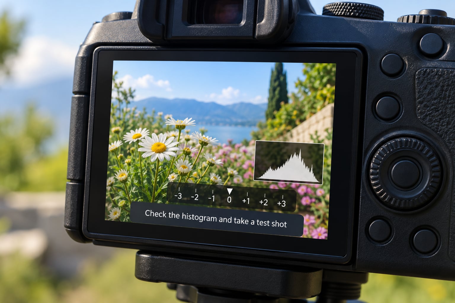 Check the histogram and take a test shot